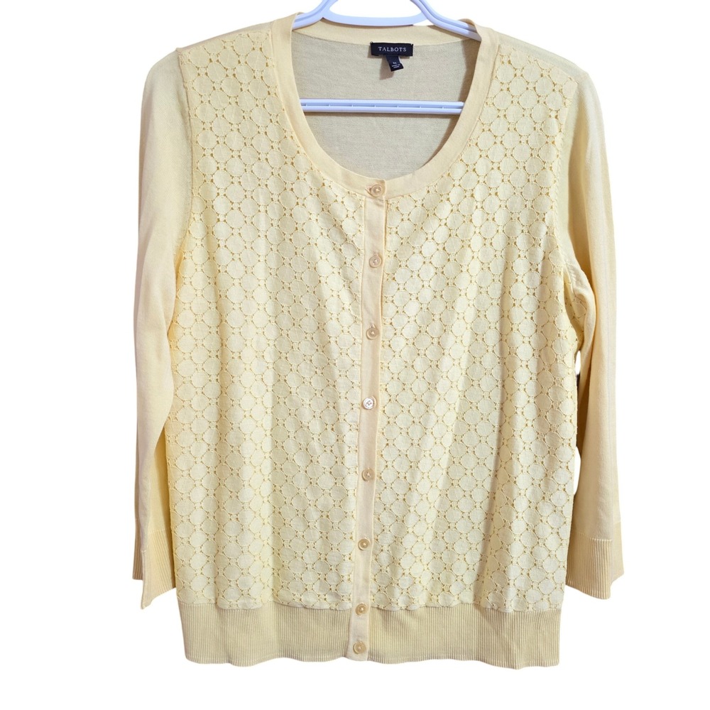 Talbots M Yellow Lace Front Eyelet Overlay Cardigan Button Up 3/4 Sleeve Sweater
